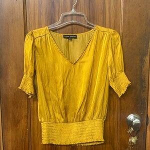 Catherine Malandrino Yellow puff Sleeve Smock-waist V-Neck Satin Blouse (S)